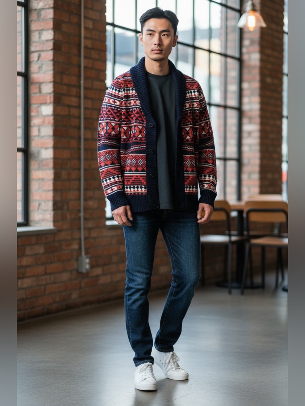 Men's Shawl Collar Cardigan Sweater - Red & Navy Fair Isle